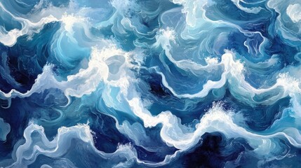 Obraz premium Aerial view of dynamic ocean waves with white foam, captured from above, showcasing swirling patterns in deep blues and greens illustration