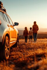 Golden sunset illuminates family walking in nature, car parked n