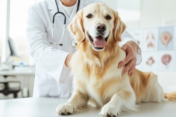 Veterinarian examining cheerful golden retriever in bright clini