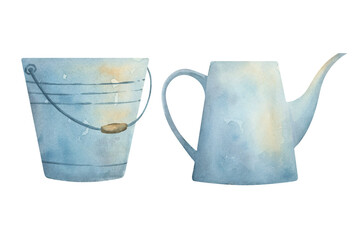 Watercolor metal bucket and watering can - gardening decor illustration. Hand-painted set of isolated objects on a white background. Perfect for decorating gardening-themed projects