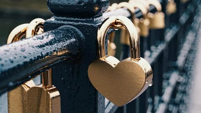 Golden heart-shaped love lock attached to bridge railing symbol of romance