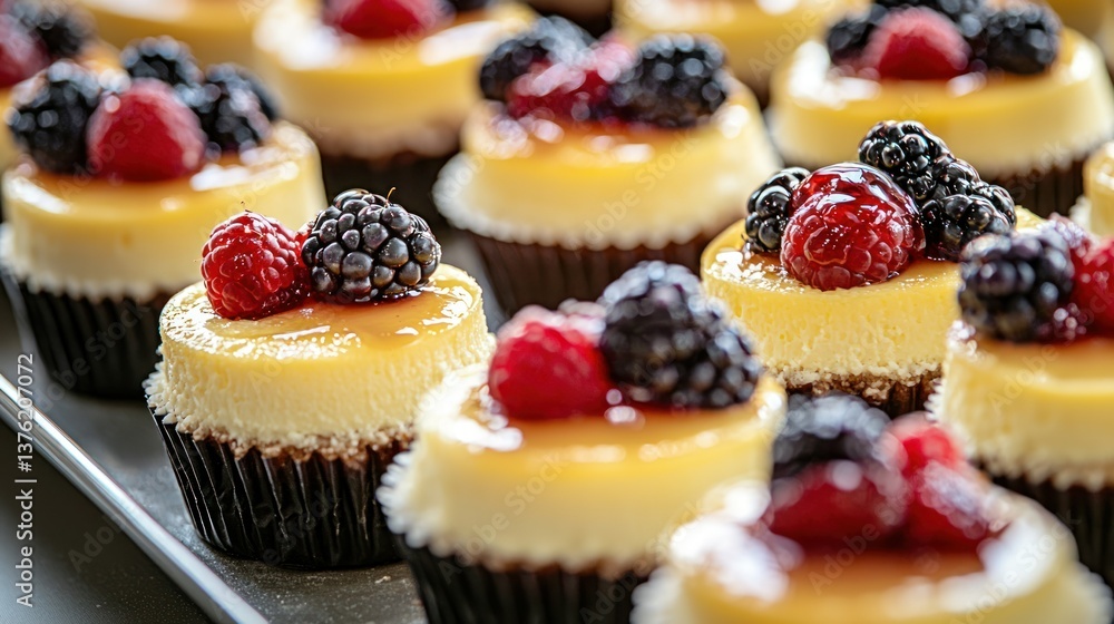 Poster mini cheesecakes arranged on a tray.