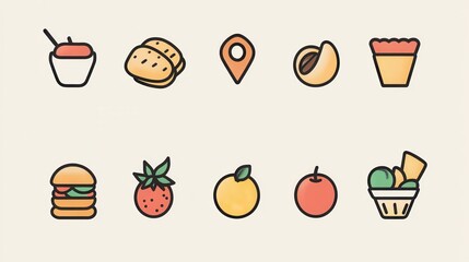 A minimalist icon set featuring different food groups, visually representing a balanced diet illustration