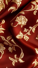 Rich red fabric featuring detailed gold floral embroidery. Suitable for upscale fashion, home decor, or crafting projects. Concept of textile design, beauty, luxury