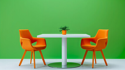 Fototapeta premium A vibrant minimalist scene of two modern orange chairs and a small white table, set against a bright green wall, creating a calm and cheerful atmosphere.