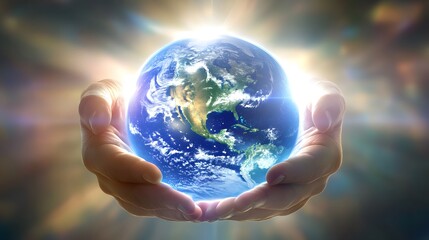 A pair of hands gently cradling the Earth, symbolizing care for the planet and environmental stewardship against a radiant background.