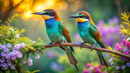 Fototapeta premium Vibrant Jewel-toned Birds Perched on Branch Amidst Blooming Flowers in a Garden Setting