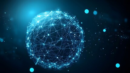 A futuristic blue sphere composed of numerous interconnected dots and lines against a dark background with scattered glowing points.