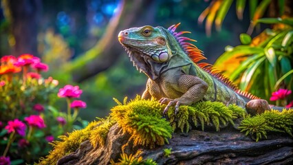 Fototapeta premium Vibrant Green Iguana Rests on Mossy Rock Amidst Lush Blooming Flowers in a Tranquil Garden Setting