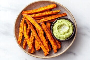 Crispy sweet potato fries paired with creamy green dip on elegan