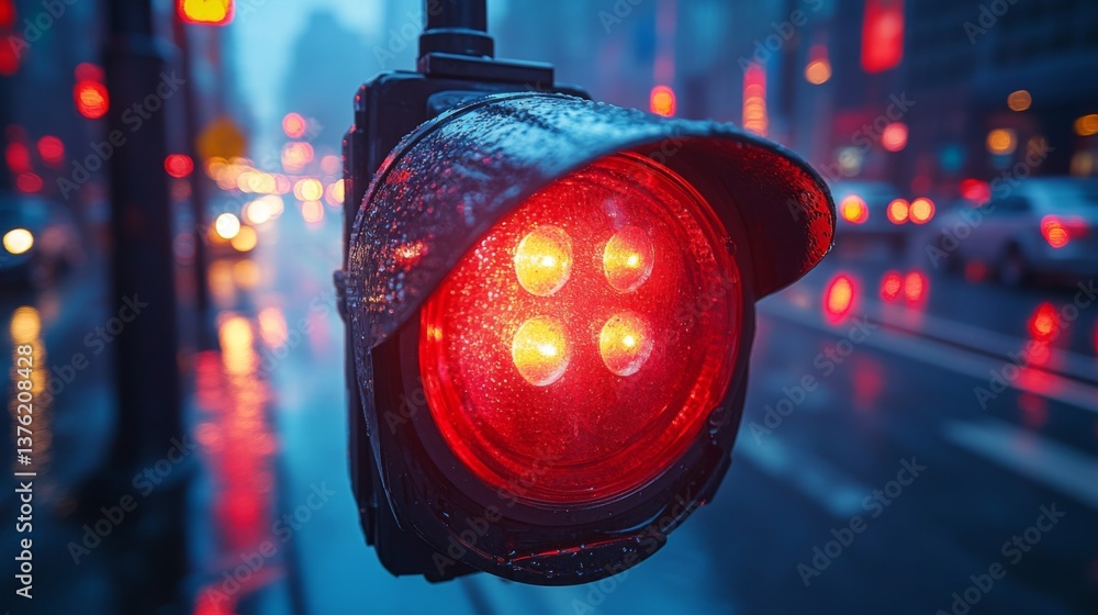 Poster red traffic signal stands out against a rainy urban backdrop at dusk, symbolizing the integration of