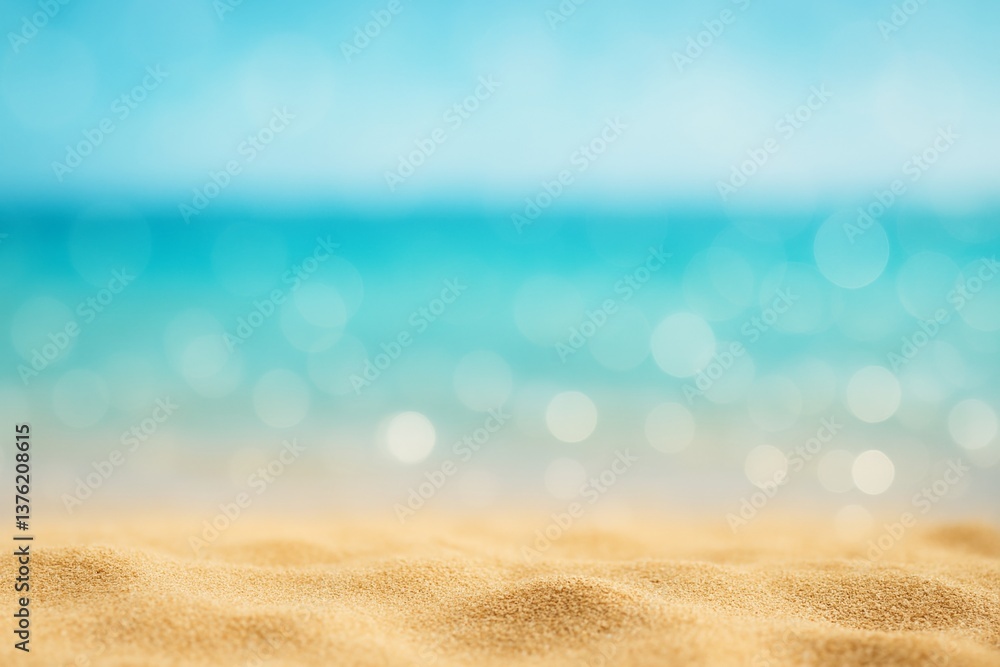 Poster blurred turquoise ocean water with bokeh effect in the background and golden sand beach in the foreg