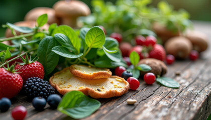 Freshly picked berries and herbs arranged on a wooden table with baked goods in a natural setting