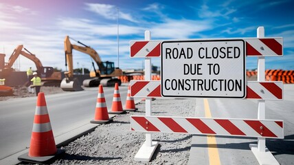 Road Closed Due to Construction – Realistic Traffic Sign and Work Zone Scene