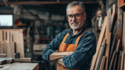 Fototapeta premium Portrait of mature man at working process at carpentry.