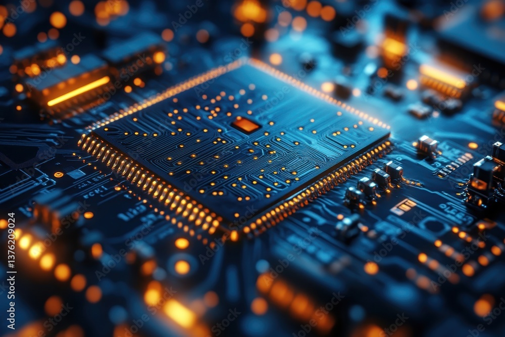 Aufkleber a close-up view of a microchip with glowing orange lights on a complex circuit board at night