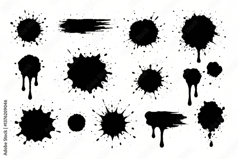 Poster black ink blots and splatters of various shapes and sizes create an abstract design on a clean white
