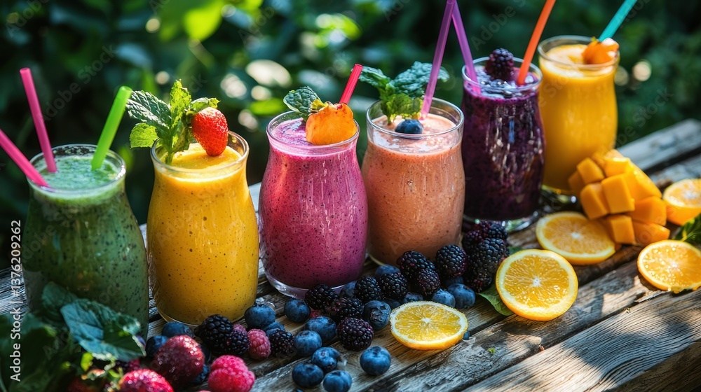 Poster Multiple smoothies arranged on a picnic table with a variety of garnishes and bright summer vibes. 
