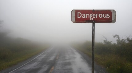 Foggy Road with Warning Sign: A Misty Journey into the Unknown Destination