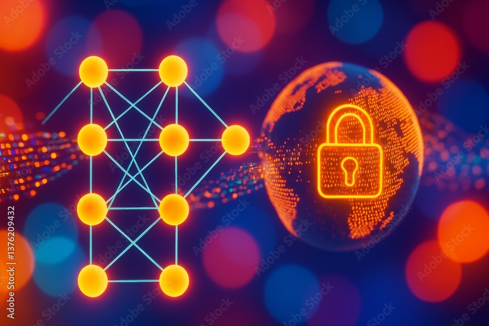 Poster complex neural network connecting to glowing earth globe with binary code and orange padlock, symbol