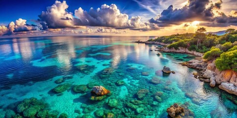 Serene Coastal Sunset Tranquil Ocean Waters Reflecting Vibrant Sky with Lush Greenery
