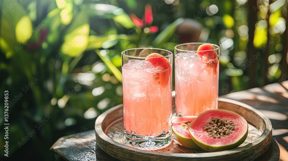 Poster pink guava slices served on a tray alongside a refreshing tropical juice in a garden
