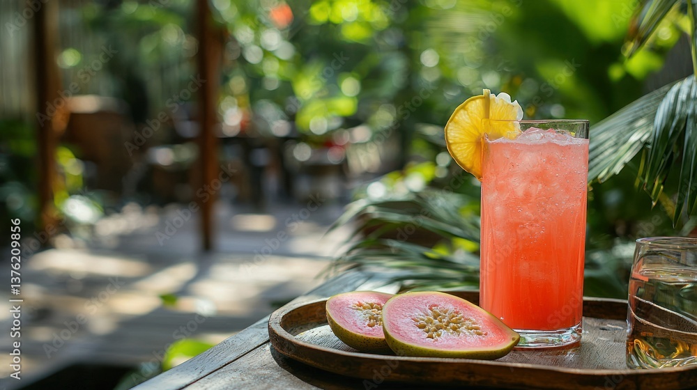 Poster pink guava slices served on a tray alongside a refreshing tropical juice in a garden