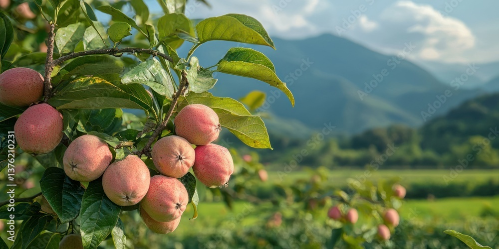 Poster pink guavas growing on a tree in a countryside setting with mountains in the background.