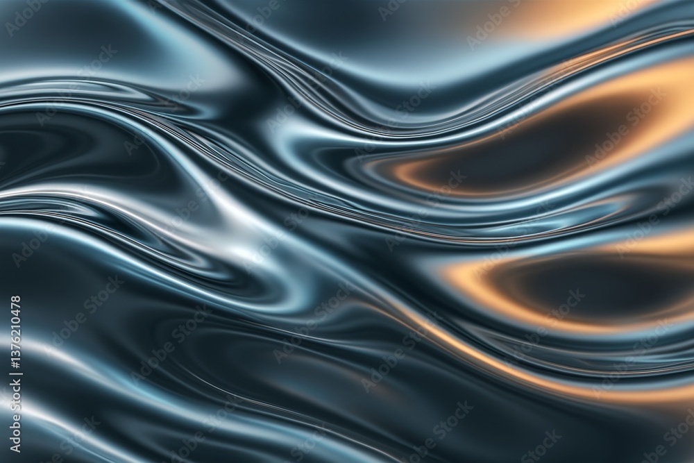 Poster creating a smooth metallic liquid surface with wavy patterns and vibrant orange reflections, offerin