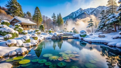 Fototapeta premium Serene Winter Landscape A snow-covered gazebo overlooks a tranquil, crystalline pond reflecting snow-laden trees and majestic mountains under a brilliant sunrise.