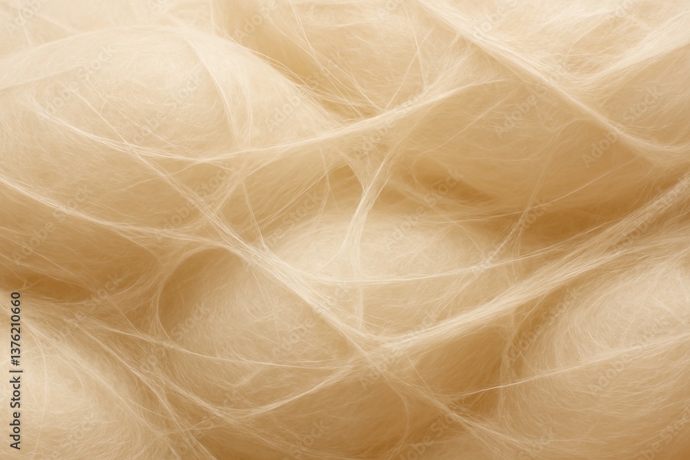 Poster close-up view of fluffy cream-colored wool reveals soft texture and thin fibers intertwining, creati