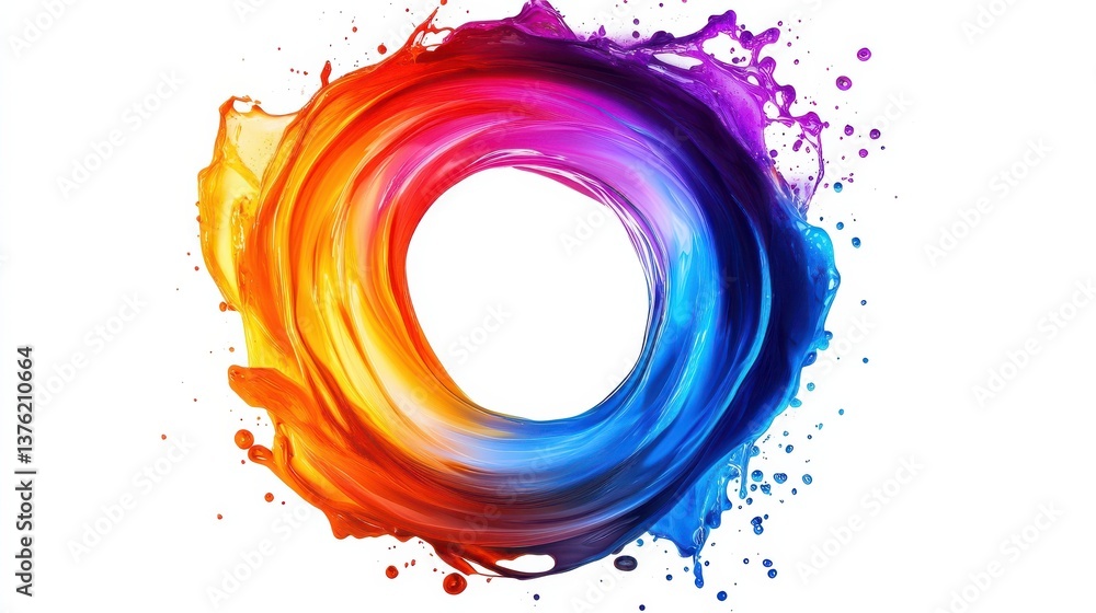 Poster abstract circle liquid motion flow explosion. curved wave colorful pattern with paint drops on white