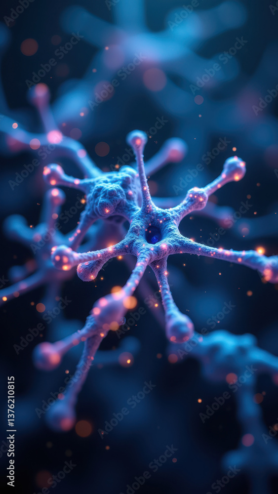 Poster stunning microscopic view of a neuron with bright fluorescent colors against a dark background, high