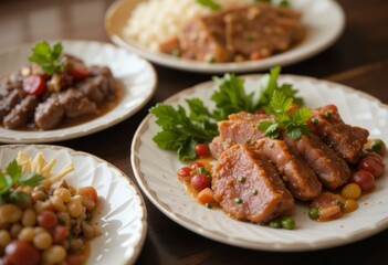 A video clip of beautifully decorated plates of different types of meat and condiments