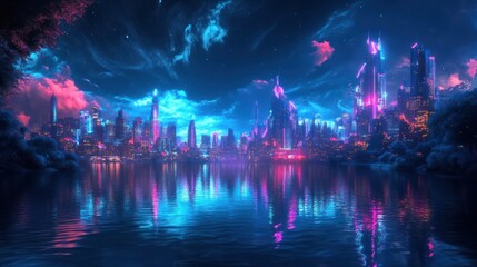 Fototapeta premium Glowing futuristic city reflecting in tranquil waters under a colorful sky
