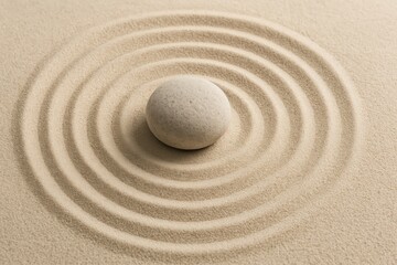 Naklejka premium Concentric circles drawn in the sand surround a light gray stone, cultivating a tranquil and meditative atmosphere in a japanese zen garden, embodying peace and simplicity