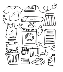 A set of doodle drawing style about laundry isolated on white background 