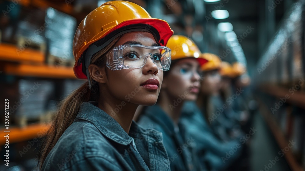 Poster A team of professionals wearing safety gear is strategically positioned in a logistics center, preparing for tasks related to transportation and distribution in an automated system.