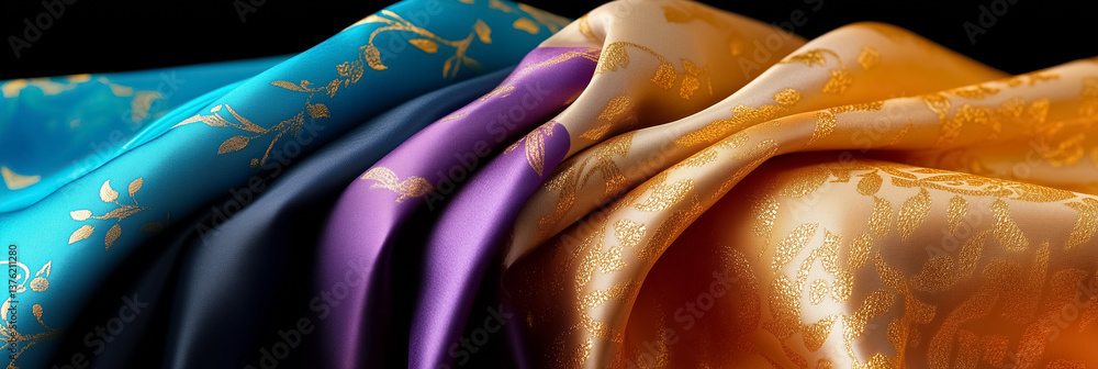 Poster satin fabric draping elegantly with rich colors and intricate patterns. soft texture and luxurious f