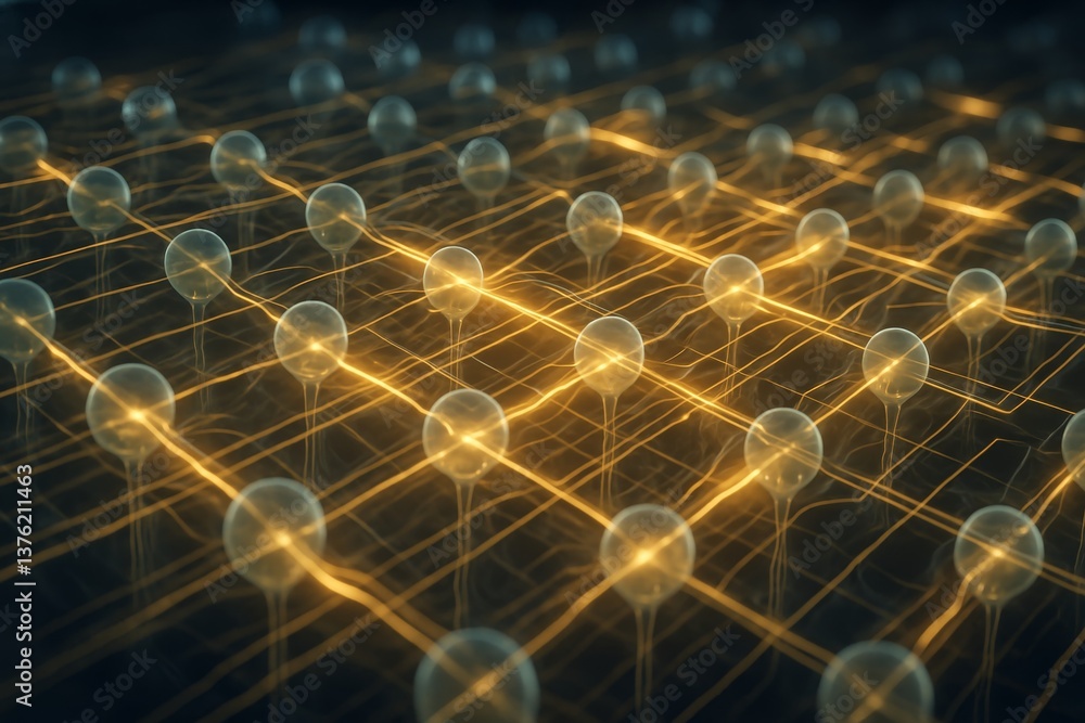 Poster glowing nodes are interconnected, forming a complex network, transmitting data through vibrant pathw
