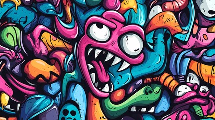 Fototapeta premium Vibrant abstract graffiti art with colorful urban doodles, spray paint textures, and dynamic street-style wall painting perfect for bold backgrounds and creative designs