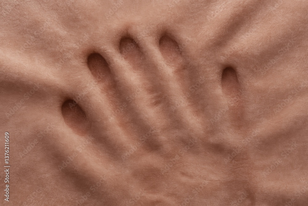 Poster close-up view capturing a handprint making a textured impression on soft, velvety brown fabric, emph
