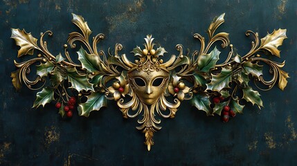 Golden ornaments hanging from a sprig of holly branch, gold accents, ornate details. Ornate - Mask. Illustration illustration