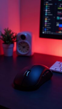 - Minimalist black computer mouse on black table, accessory, wireless, work