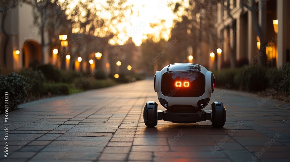 Poster a delivery robot travels along a pathway in a suburban area at sunset, showcasing advancements in au