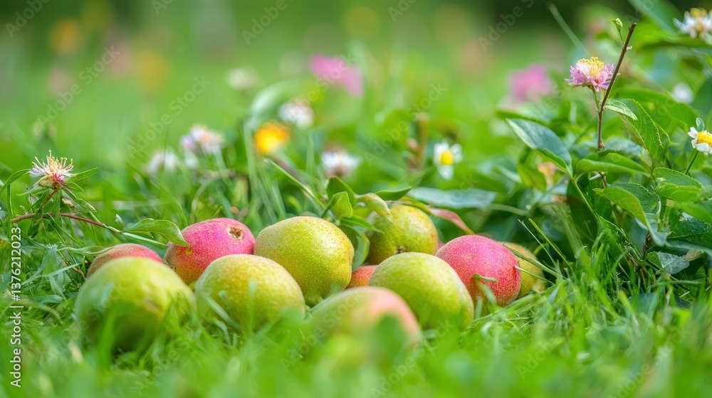 Poster ripe guava fruits scattered on a soft grass field surrounded by wildflowers.