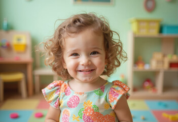 Adorable girl smiling at kindergarten. Cute child with happy face expression, cheerful toddler kid portrait. Happy children day concept