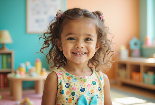 Portrait of adorable smiling girl. Cute happy child in kindergarten, preschool kid looking at camera