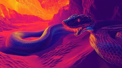 A digitally rendered snake showing fangs in a colorful desert landscape