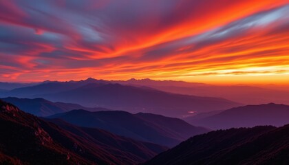 Fototapeta premium Vivid Sunset Over Mountains A colorful landscape of mountains at sunset, where rich reds and whites dominate the scene.